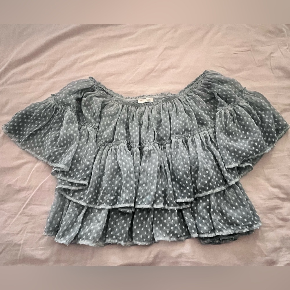 lovestitch Blue Swiss Dot Ruffle Off-Shoulder Tunic